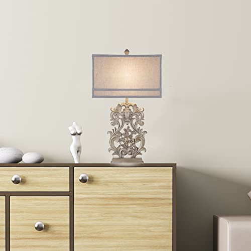 Catalina Lighting 3-Way 29.25-inch Weathered Wood Inspired Table Lamp with Oatmeal Linen Rectangle Shade with Decorative Trim and White Silken Liner