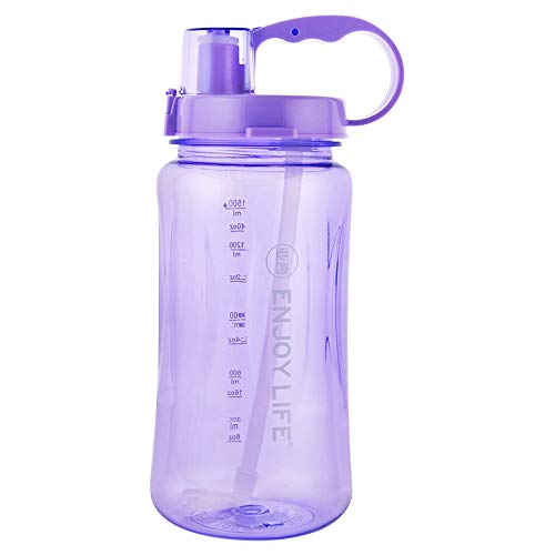 GTI 64 oz Water Bottle with Straw, Half Gallon Wide Mouth Portable Large Plastic Bottle Leak Proof Sports Cup 2L Big Travel Mugs with Scale Strap