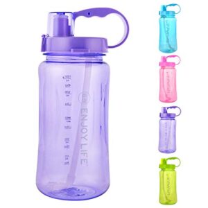 gti 64 oz water bottle with straw, half gallon wide mouth portable large plastic bottle leak proof sports cup 2l big travel mugs with scale strap
