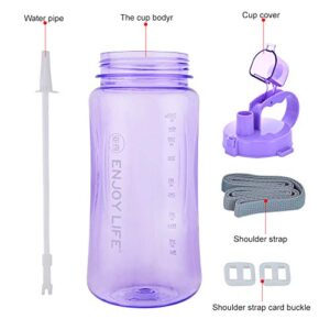 GTI 64 oz Water Bottle with Straw, Half Gallon Wide Mouth Portable Large Plastic Bottle Leak Proof Sports Cup 2L Big Travel Mugs with Scale Strap