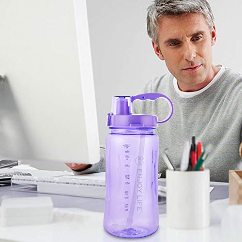 GTI 64 oz Water Bottle with Straw, Half Gallon Wide Mouth Portable Large Plastic Bottle Leak Proof Sports Cup 2L Big Travel Mugs with Scale Strap