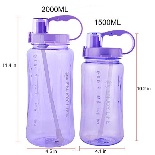 GTI 64 oz Water Bottle with Straw, Half Gallon Wide Mouth Portable Large Plastic Bottle Leak Proof Sports Cup 2L Big Travel Mugs with Scale Strap