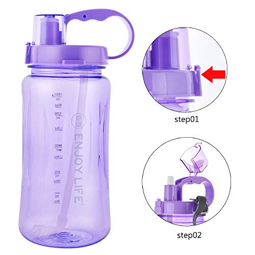 GTI 64 oz Water Bottle with Straw, Half Gallon Wide Mouth Portable Large Plastic Bottle Leak Proof Sports Cup 2L Big Travel Mugs with Scale Strap