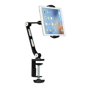 suptek aluminum alloy cell phone desk mount 360° tablet stand and holders adjustable for ipad, iphone, samsung, asus and more 4.7-11 inch devices, good for bed, kitchen, office (yf208b)