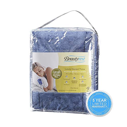 Beautyrest Heated Microlight to Berber Electric Blanket Throw-Secure Comfort Technology-Oversized Cozy Soft Microlight-3-Setting Controller-5 Years Warranty, 60x70, Indigo