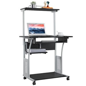 yaheetech 2 tier rolling home office computer desk with keyboard tray & printer shelf stand study table corner desk for small space black