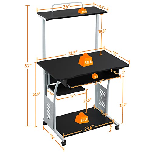 Yaheetech 2 Tier Rolling Home Office Computer Desk with Keyboard Tray & Printer Shelf Stand Study Table Corner Desk for Small Space Black