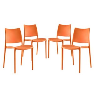 modway hipster contemporary modern molded plastic stacking four dining chairs in orange