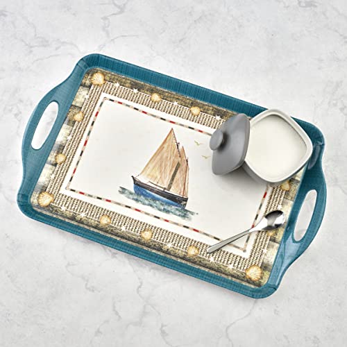 Pimpernel Coastal Breeze Collection Large Handled Tray | Serving Tray for Lunch, Coffee, or Breakfast | Made of Melamine for Indoor and Outdoor use | Measures 18.9" x 11.6" | Dishwasher Safe
