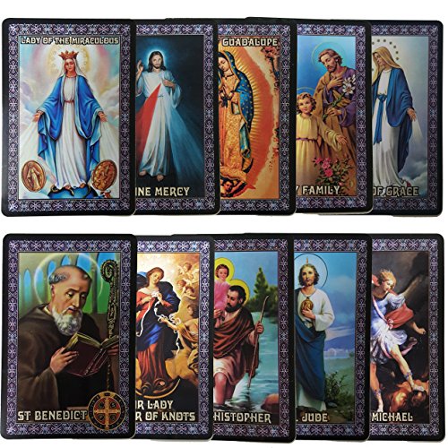 Catholic SET of 10 Holy Prayer Cards - New Plastic material! St Benedict St Jude St Michael St Christopher Holy Family L of Guadalupe L of Miraculous L of Grace L undoer of Knots Divine Mercy