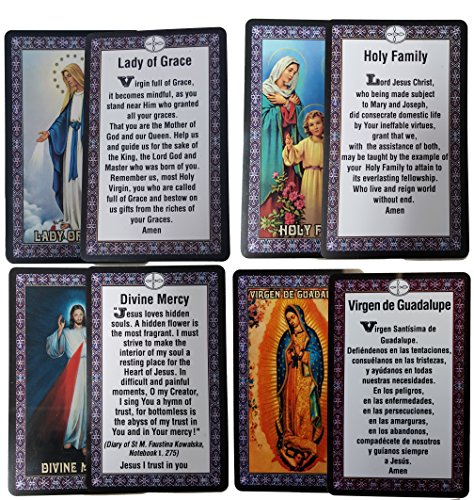 Catholic SET of 10 Holy Prayer Cards - New Plastic material! St Benedict St Jude St Michael St Christopher Holy Family L of Guadalupe L of Miraculous L of Grace L undoer of Knots Divine Mercy