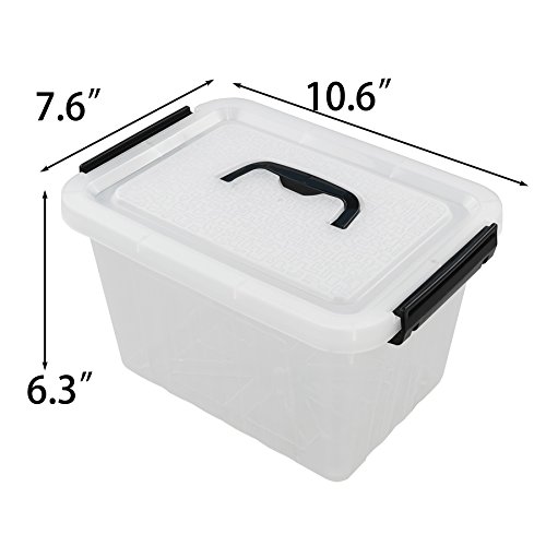 Kekow 6 L Clear Storage Box, Plastic Storage Latch Box with Black Handle, 4-Pack