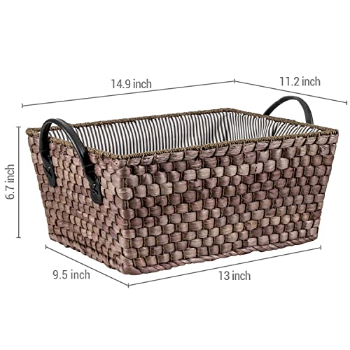 MyGift Woven Brown Wicker Handled Storage Basket with Decorative Striped Fabric Liner, Rectangular Open Organization Basket Bin for Nursery, Magazines Pet Toys, Media and Small Household Items