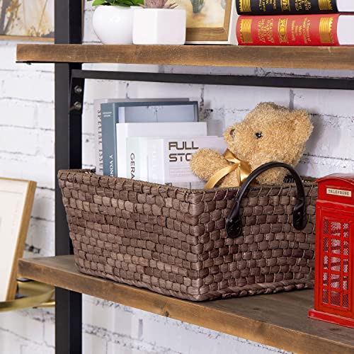 MyGift Woven Brown Wicker Handled Storage Basket with Decorative Striped Fabric Liner, Rectangular Open Organization Basket Bin for Nursery, Magazines Pet Toys, Media and Small Household Items