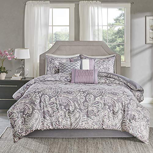 Madison Park Gabby Sateen Cotton Comforter Set, Breathable, Soft Cover, Trendy, All Season Down Alternative Cozy Bedding with Matching Shams, Queen (90 in x 90 in), Paisley Lavender/Grey 7 Piece