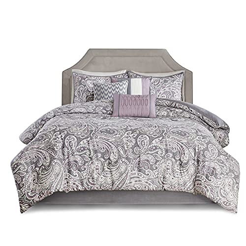 Madison Park Gabby Sateen Cotton Comforter Set, Breathable, Soft Cover, Trendy, All Season Down Alternative Cozy Bedding with Matching Shams, Queen (90 in x 90 in), Paisley Lavender/Grey 7 Piece