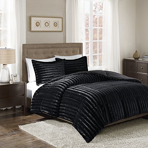 Madison Park Duke Luxe Faux Fur Reversible Comforter Set, Soft Plush Reverse, Modern Down Alternative Filling Cozy Bedding, Box Quilted Warm Cover, Matching Shams, King/California King, Black 3 Piece