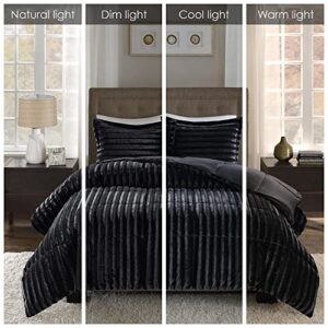 Madison Park Duke Luxe Faux Fur Reversible Comforter Set, Soft Plush Reverse, Modern Down Alternative Filling Cozy Bedding, Box Quilted Warm Cover, Matching Shams, King/California King, Black 3 Piece