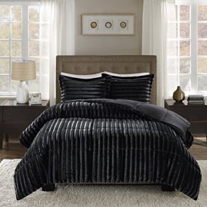 Madison Park Duke Luxe Faux Fur Reversible Comforter Set, Soft Plush Reverse, Modern Down Alternative Filling Cozy Bedding, Box Quilted Warm Cover, Matching Shams, King/California King, Black 3 Piece