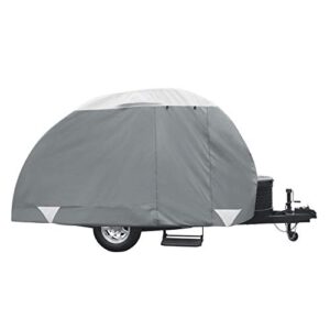 classic accessories over drive polypro3 deluxe teardrop trailer cover, fits 10' - 12', tear-resistant, travel trailer storage cover, compatible with r-pod trailers, clamshell trailers, grey/white