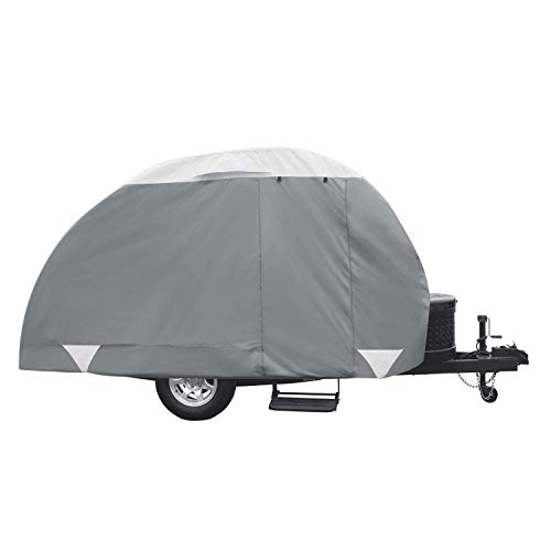 Classic Accessories Over Drive PolyPRO3 Deluxe Teardrop Trailer Cover, Fits 10' - 12', Tear-Resistant, Travel Trailer Storage Cover, Compatible with R-Pod Trailers, Clamshell Trailers, Grey/White