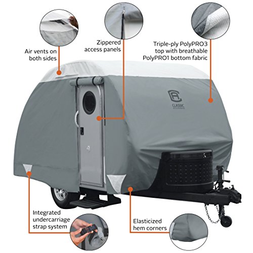 Classic Accessories Over Drive PolyPRO3 Deluxe Teardrop Trailer Cover, Fits 10' - 12', Tear-Resistant, Travel Trailer Storage Cover, Compatible with R-Pod Trailers, Clamshell Trailers, Grey/White