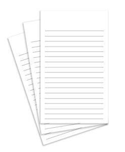 thick white note cards for notes or thoughts, printed black ruled lines both sides - vertical ruled cards "100 per pack" (5 x 8)