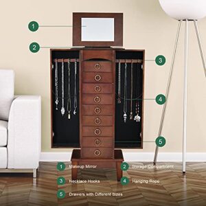 Giantex Jewelry Cabinet with Top Compartment, 9 Drawers & 2 Side Doors, Wooden Jewelry Armoire Storage Chest Stand with Flip Top Mirror, Necklace Hooks, Bedroom Armoire with Large Storage, Walnut