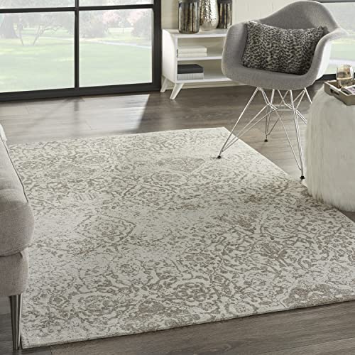 Nourison Damask Farmhouse Ivory 5' x 7' Area -Rug, Easy -Cleaning, Non Shedding, Bed Room, Living Room, Dining Room, Kitchen (5x7)