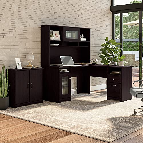 Bush Furniture Cabot L Shaped Desk with Hutch and Small Storage Cabinet with Doors in Espresso Oak