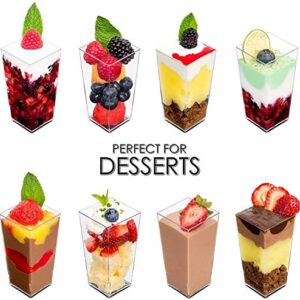 DLux 50 x 3 oz Mini Dessert Cups with Spoons, Square Tall - Clear Plastic Parfait Appetizer Cup - Small Reusable Serving Bowl for Party Desserts Appetizers - With Recipe Ebook