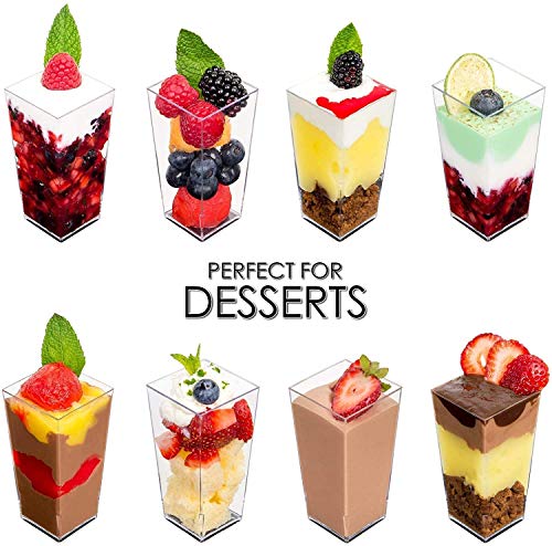 DLux 50 x 3 oz Mini Dessert Cups with Spoons, Square Tall - Clear Plastic Parfait Appetizer Cup - Small Reusable Serving Bowl for Party Desserts Appetizers - With Recipe Ebook