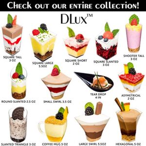 DLux 50 x 3 oz Mini Dessert Cups with Spoons, Square Tall - Clear Plastic Parfait Appetizer Cup - Small Reusable Serving Bowl for Party Desserts Appetizers - With Recipe Ebook