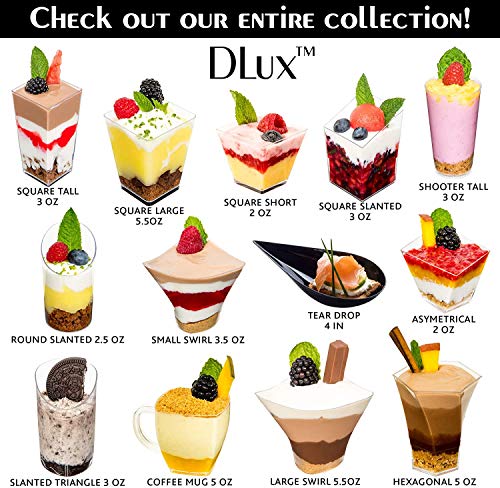 DLux 50 x 3 oz Mini Dessert Cups with Spoons, Square Tall - Clear Plastic Parfait Appetizer Cup - Small Reusable Serving Bowl for Party Desserts Appetizers - With Recipe Ebook