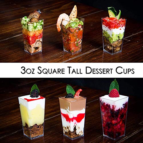 DLux 50 x 3 oz Mini Dessert Cups with Spoons, Square Tall - Clear Plastic Parfait Appetizer Cup - Small Reusable Serving Bowl for Party Desserts Appetizers - With Recipe Ebook