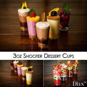 DLux 50 x 3 oz Mini Dessert Cups with Spoons, Shooter - Clear Plastic Parfait Appetizer Cup - Small Reusable Shot Glass for Tasting Party Shooters Desserts Appetizers - With Recipe Ebook