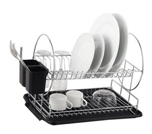deluxe chrome-plated steel 2-tier dish rack with drainboard/cutlery cup (blackii)