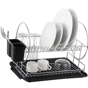 Deluxe Chrome-plated Steel 2-Tier Dish Rack with Drainboard/Cutlery Cup (BlackII)