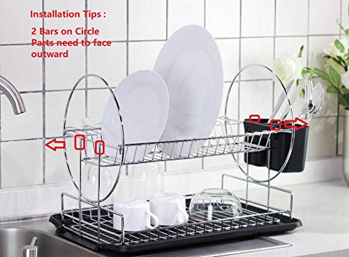 Deluxe Chrome-plated Steel 2-Tier Dish Rack with Drainboard/Cutlery Cup (BlackII)