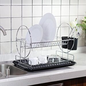 Deluxe Chrome-plated Steel 2-Tier Dish Rack with Drainboard/Cutlery Cup (BlackII)
