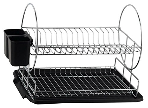 Deluxe Chrome-plated Steel 2-Tier Dish Rack with Drainboard/Cutlery Cup (BlackII)