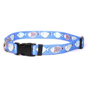 yellow dog design go fish dog collar fits neck 14 to 20", medium 1" wide, blue, (gofs105)
