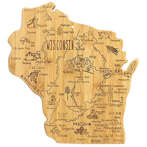 Totally Bamboo Destination Wisconsin State Shaped Serving and Cutting Board, Includes Hang Tie for Wall Display