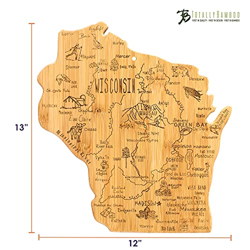 Totally Bamboo Destination Wisconsin State Shaped Serving and Cutting Board, Includes Hang Tie for Wall Display