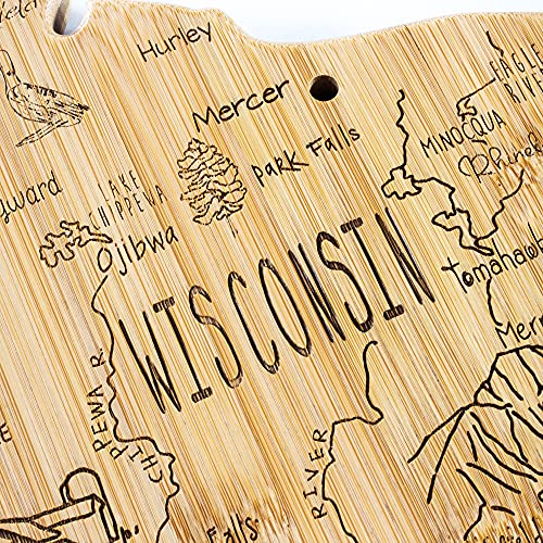 Totally Bamboo Destination Wisconsin State Shaped Serving and Cutting Board, Includes Hang Tie for Wall Display