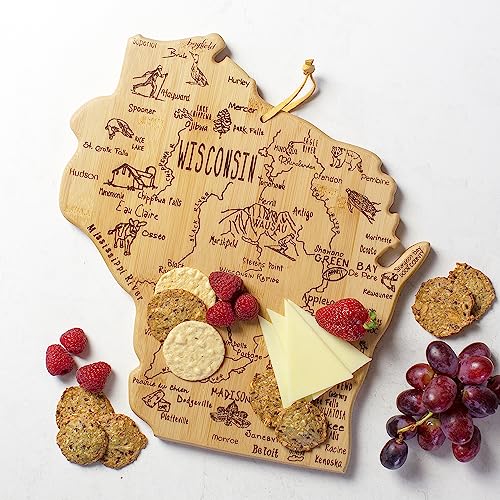 Totally Bamboo Destination Wisconsin State Shaped Serving and Cutting Board, Includes Hang Tie for Wall Display