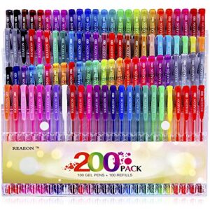 gel pens, reaeon 200 pack pen with case for adult coloring books, 100 color markers plus 100 refills for drawing painting writing.