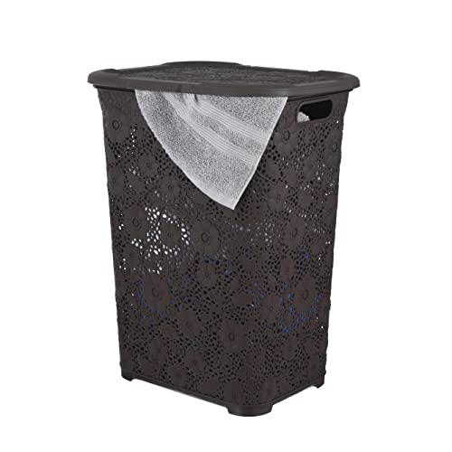 Laundry Hamper With Lid Lace Design 50 Liter - Brown Laundry Hamper Basket With Cutout Handles, Rectangular Shape Modern Style Bin - Dirty Cloths Storage. By Superio