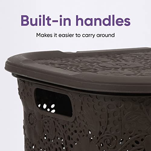 Laundry Hamper With Lid Lace Design 50 Liter - Brown Laundry Hamper Basket With Cutout Handles, Rectangular Shape Modern Style Bin - Dirty Cloths Storage. By Superio