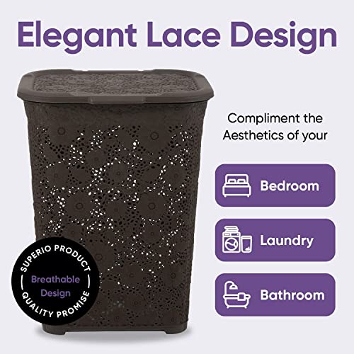 Laundry Hamper With Lid Lace Design 50 Liter - Brown Laundry Hamper Basket With Cutout Handles, Rectangular Shape Modern Style Bin - Dirty Cloths Storage. By Superio